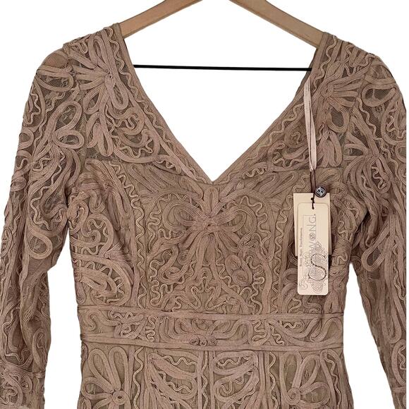 NEW Sue Wong Embroidered Mesh Cocktail Mini Dress Beige Women's Size 4 - Picture 3 of 7